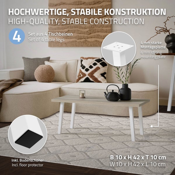 ML-Design 4er Set Tischbeine schräg H:42 cm, Weiß glänzend, aus pulverbeschichtetem Stahl, eckig, Profil 4x4 cm, I-Form, Möbelfüße Metall 96° Neigung, Tischfüße Möbelbeine für Couchtisch, Sitzbank