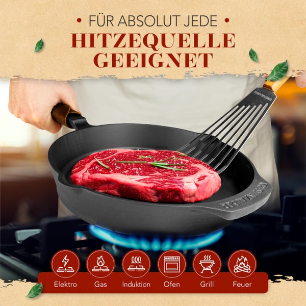 KRUSTENZAUBER 28cm Gusseisenpfanne Induktion Set - Fein Geschliffene Gusseisen Pfanne - Ideale Grillpfanne Induktion, Eisenpfanne, Cast Iron Pan, Bratpfanne, Gusseiserne Pfanne Skillet Gusspfanne