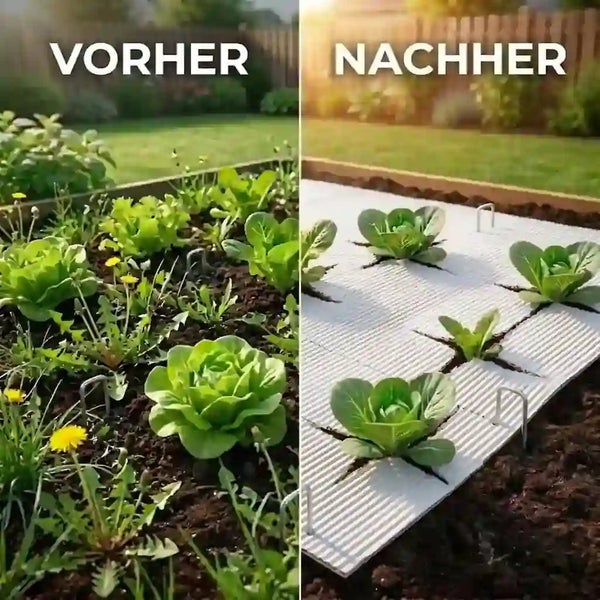 Vorher Nachher Vergleich eines Hochbeets mit Unkraut und nach dem Einsatz einer Unkrautvlies Abdeckung zur Unkrautbekämpfung im Gemüsegarten.