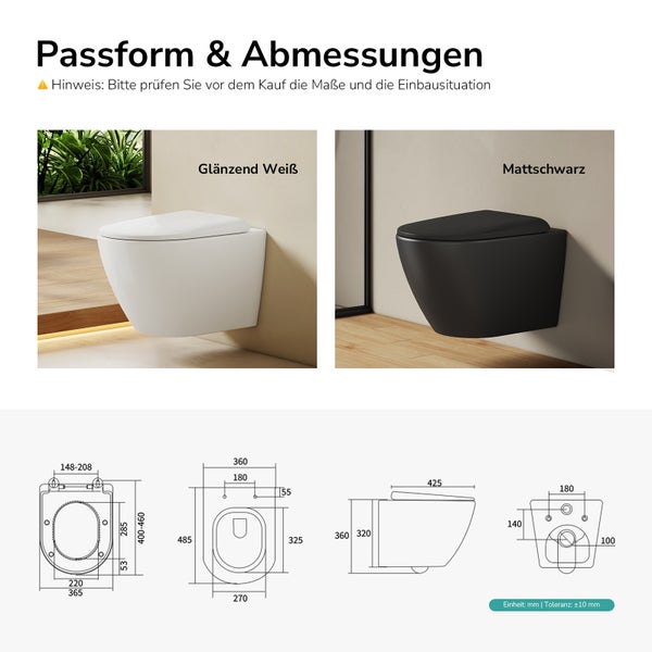 Wand-Toilette in zwei Ausführungen mit technischen Zeichnungen und Abmessungen in Millimeter.
