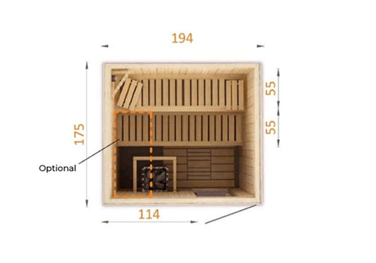 Draufsicht eines Sauna-Grundrisses mit Maßangaben 194 mal 175 Zentimeter, Inneneinrichtung mit Holzbänken und Saunaofen.