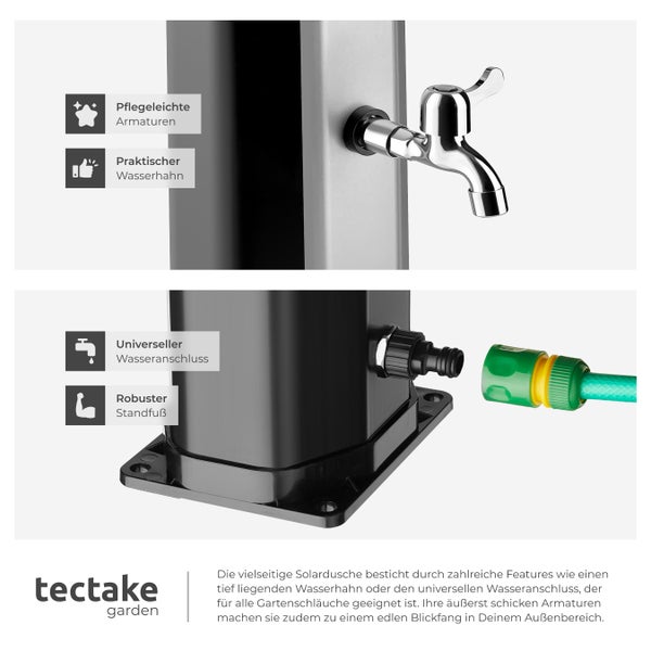 Details der Solardusche mit Armaturen, Wasserhahn, Wasseranschluss und Standfuß.