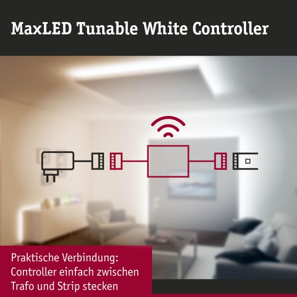 Grafik zur Installation des MaxLED Tunable White Controllers zwischen Transformator und LED Streifen.