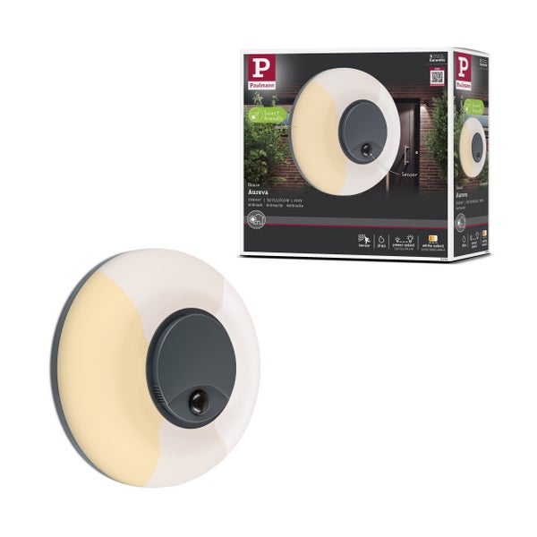 Paulmann LED-Außenwandleuchte Aureva mit Bewegungsmelder und dazugehöriger Produktverpackung.