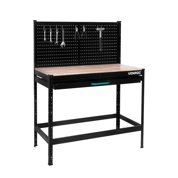 VONROC Werkbank / Arbeitstisch - Lochrückwand und Schublade - Belastbarkeit 130kg - Inkl. 15 Haken