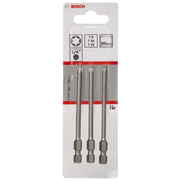 Bosch Logo, Set mit drei Torx-Bits in den Größen T8, T10 und T15, Länge 89 mm