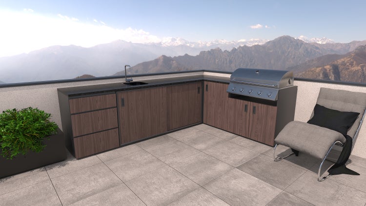 Outdoor-Küche mit Spüle, Grill und Stauraum auf einer Terrasse mit Bergblick