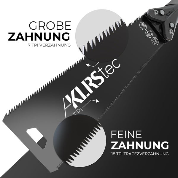 KLRStec PRO XL Japansäge – Beidseitig gezahntes Sägeblatt [240mm] aus Karbonstahl – Klappbare Zugsäge mit rutschfestem TPU-Griff – Präzises Arbeiten auf Zug für Holz & Kunststoff