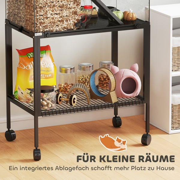 Schwarzer Metallwagen für Kleintierkäfige mit Rollen und einer Gitterablage für Futter und Zubehör.