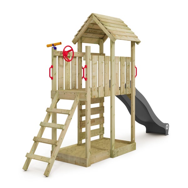 WICKEY Spielturm Klettergerüst JoyFlyer mit Rutsche, Kletterturm mit Sandkasten, Leiter und Spiel-Zubehör - anthrazit