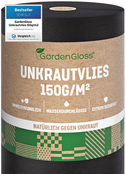 GardenGloss® 50m² Unkrautvlies Gartenvlies 150g/m² Extra Stark gegen Unkraut – Extrem Reissfest und Hohe UV-Stabilisierung – Unkrautfolie Wasserdurchlässig (50m x 1m, 1 Rolle)