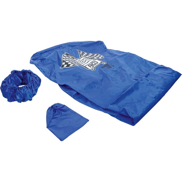 Blaue Schutzhaube für Werkstattwagen mit BGS Technic Logo, Lenkradschutz und Aufbewahrungsbeutel.
