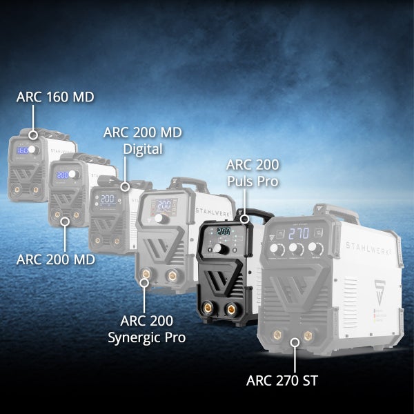 Sortiment von Stahlwerk ARC Schweißgeräten: Modelle ARC 160 MD, 200 MD, 200 MD Digital, 200 Synergic Pro, 200 Puls Pro und ARC 270 ST.