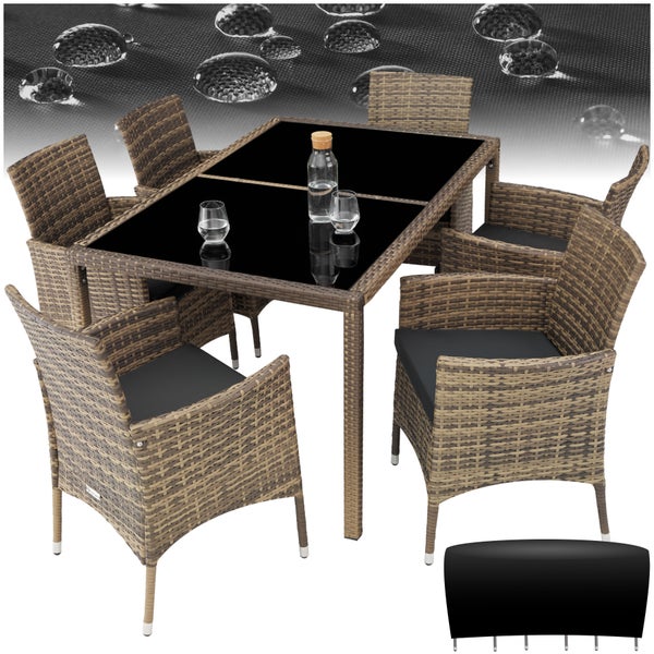 Rattan Sitzgruppe tectake Porto inklusive Schutzhülle für 6 Personen natur/dunkelgrau