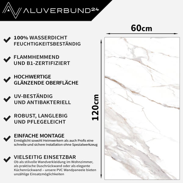 Aluverbund24 Logo, wasserdichte, schwer entflammbare Wandverkleidung mit Marmoroptik, 120 x 60 cm