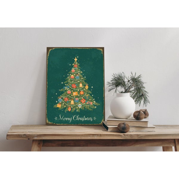 Blechschild, Alu-Dibond, Retro Wandbild Weihnachten Weihnachtsbaum und Weihnachtskugeln STA2481 in 20x30cm inkl. Lochbohrung