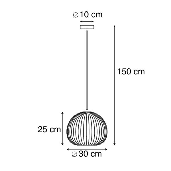 Skizze einer Pendelleuchte mit den Maßen 10 cm Durchmesser oben, 25 cm Höhe, 30 cm Durchmesser unten und 150 cm Gesamthöhe.