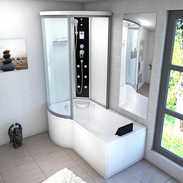 Deckenansicht einer modernen Duschkabine mit Regenduschkopf, Beleuchtung, Lautsprechern, Handbrause, Glasablage und digitaler Steuerung.