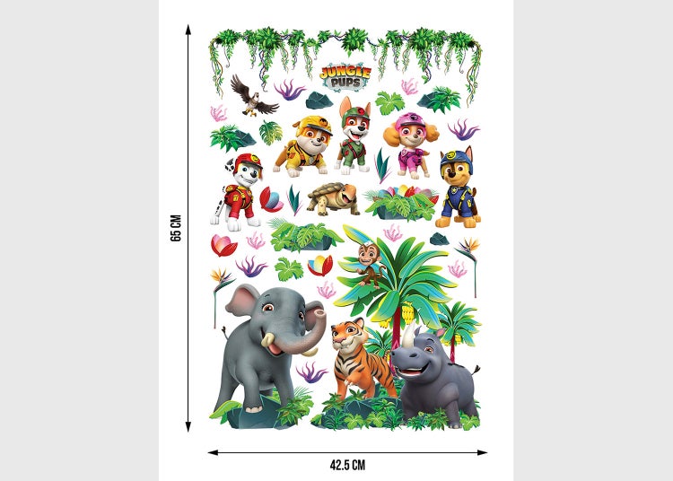 Paw Patrol Wandsticker-Set Jungle Pups mit Tierfiguren und Pflanzen. Maße circa 65 Zentimeter mal 42,5 Zentimeter.