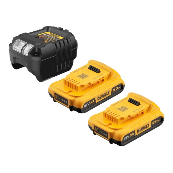 DeWalt Akku-Starter-Set mit zwei 18 Volt, 2,0 Amperestunden XR Lithium-Ionen-Akkus und einem Ladegerät.