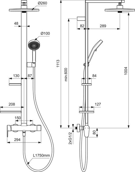 Technische Zeichnung einer Duschsäule mit Maßen.