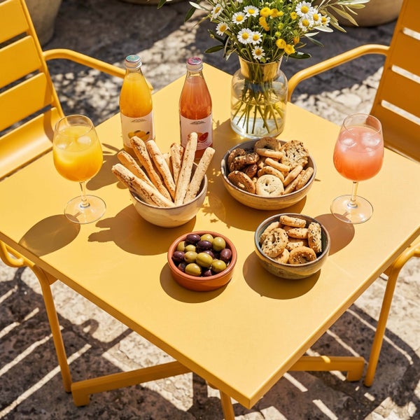 Modernes Gartenmöbel-Set aus Metall mit einem quadratischen Tisch und zwei Stühlen, angerichtet mit Getränken und Snacks auf einer Steinterrasse.