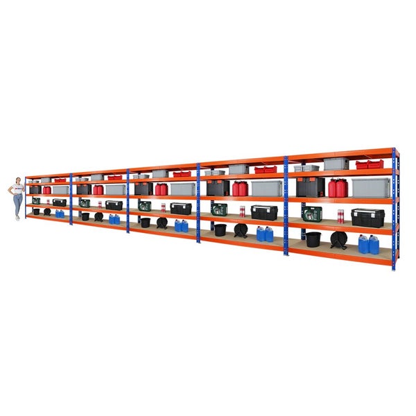 PROREGAL Mega Deal 5x Profi Schwerlastregal Rhino HxBxT 180 x 200 x 60 cm 5 Spanplatten-Ebenen 8mm Fachlast 500 kg Blau/Orange