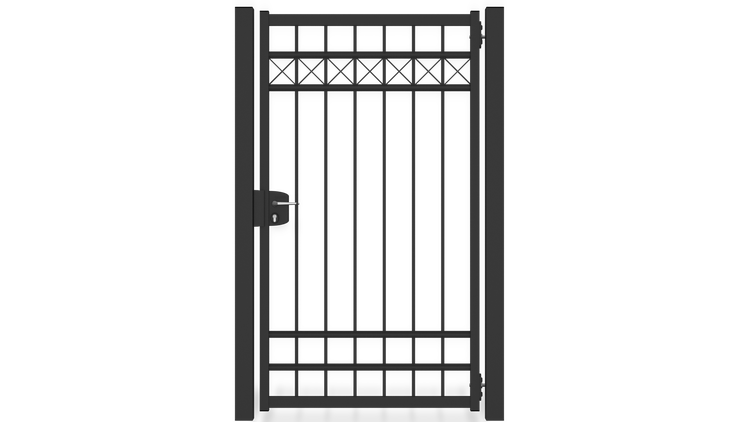 Gartentor ZAUNGURU BASIC-Linie Oldenburg Kreuz aus Metall, Höhe: 183cm, Breite: 123cm, 1-flügelig inkl. Pfosten, Schloss und Zubehör, Feuerverzinkt und in RAL 7016 Anthrazitgrau pulverbeschichtet