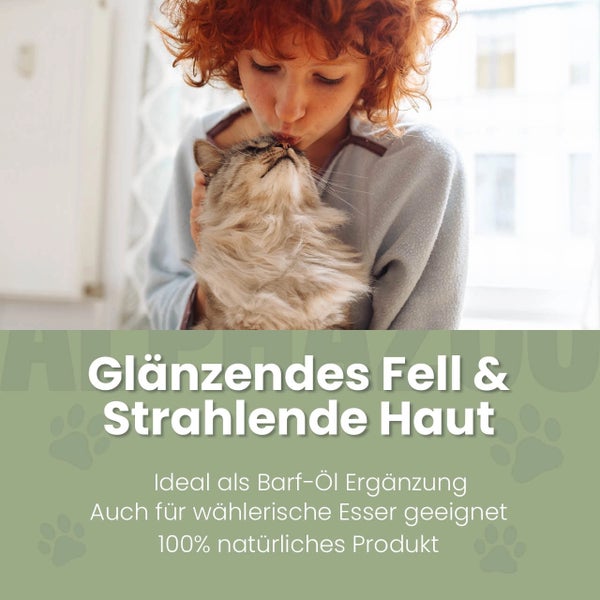 Junge umarmt Katze, Text: Glänzendes Fell und strahlende Haut