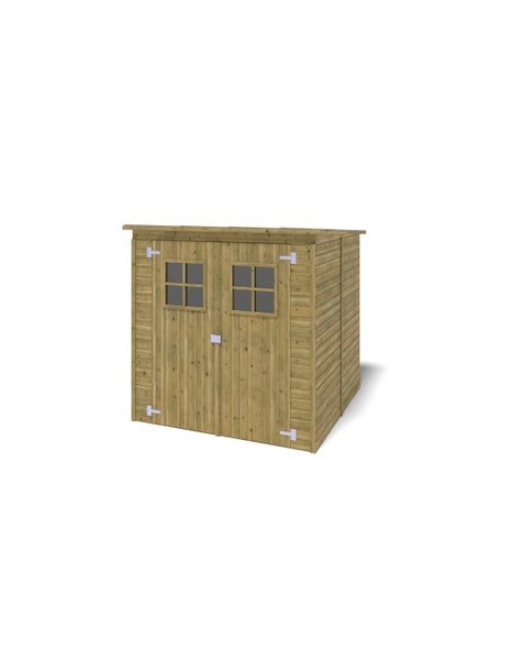 Gartenhaus aus Holz mit Veranda, Satteldach, einer Tür und zwei Fenstern mit Fensterläden sowie Blumenkästen.