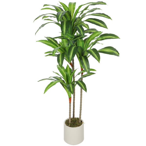 Künstliche Dracaena Kunstpflanze im weißen Topf mit drei Stämmen und gestreiften Blättern.