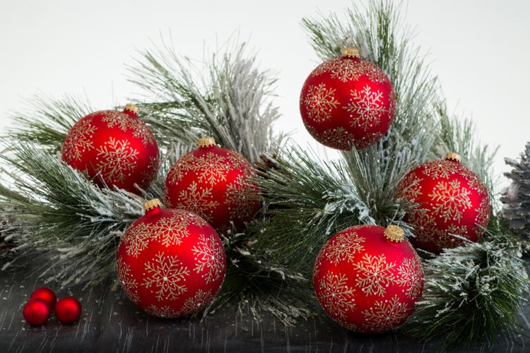 Rot matt 8cm Glaskugel hochwertiges Schneeflocken-Dekor, 6 Stck., Weihnachtsbaumkugeln, Christbaumschmuck, Weihnachtsbaumanhänger