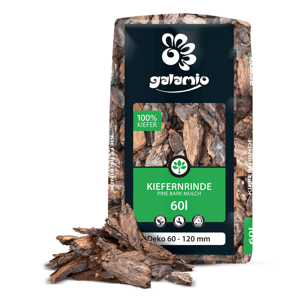 Kiefernrinde Galamio Deko 60 bis 120 Millimeter, 60 Liter Sack mit Pinienrinde für den Garten.
