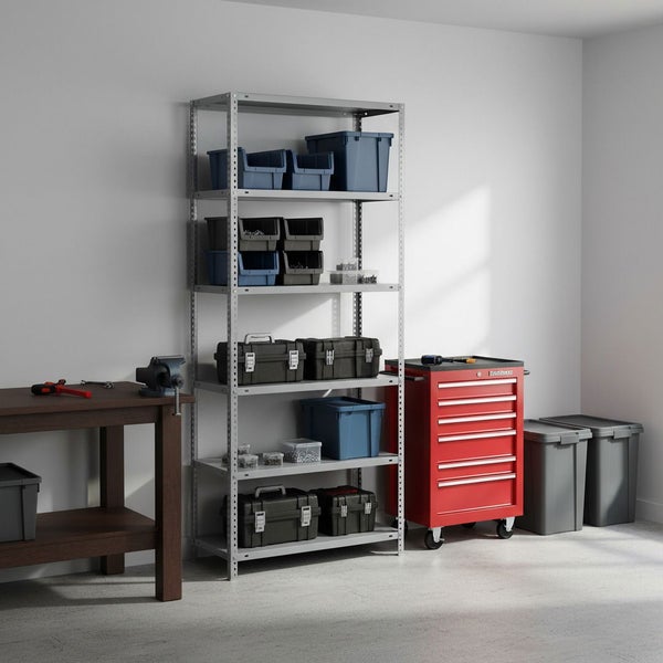 Organisierte Werkstatt mit Metallregal, Werkzeugkoffern, Sichtlagerkästen, einem roten Werkstattwagen und einer Hobelbank aus Holz.