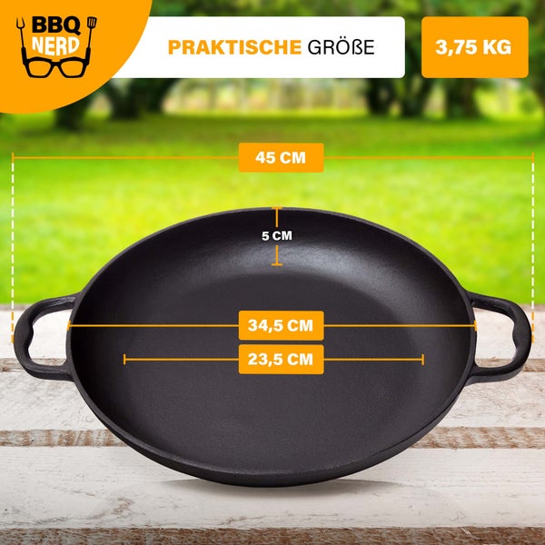 BBQ Nerd Paellapfanne aus Gusseisen Ø 36 cm (6 Personen) | Antihaftpfanne mit Flachboden für traditionelle spanische Paella | Gusspfanne für Grill Feuerstelle Herd einschl. Induktion