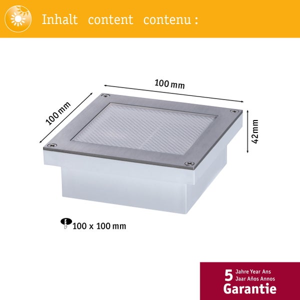 Quadratische Solar Boden-Einbauleuchte aus Edelstahl, 100 mal 100 mal 42 Millimeter, 5 Jahre Garantie.