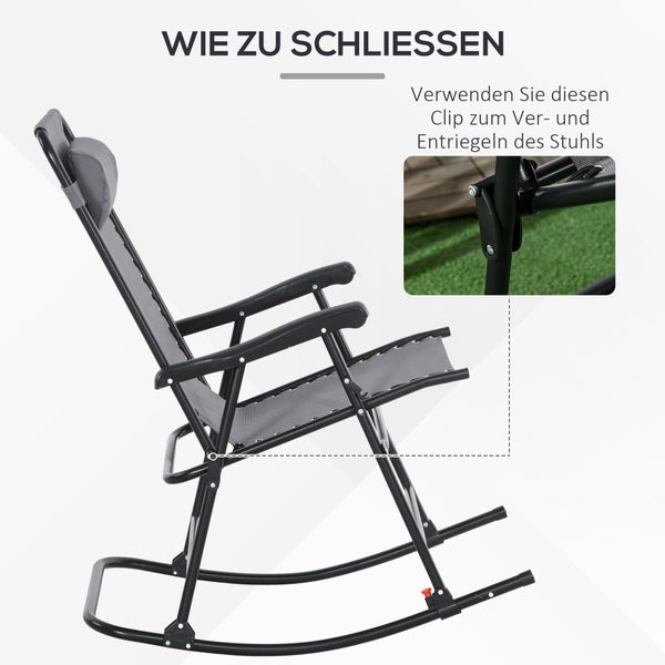 Outsunny Schaukelstuhl, Klappbar Gartenstuhl mit Kopfkissen, bis 120 kg, 95 x 64 x 106 cm, Mesh, Hellgrau
