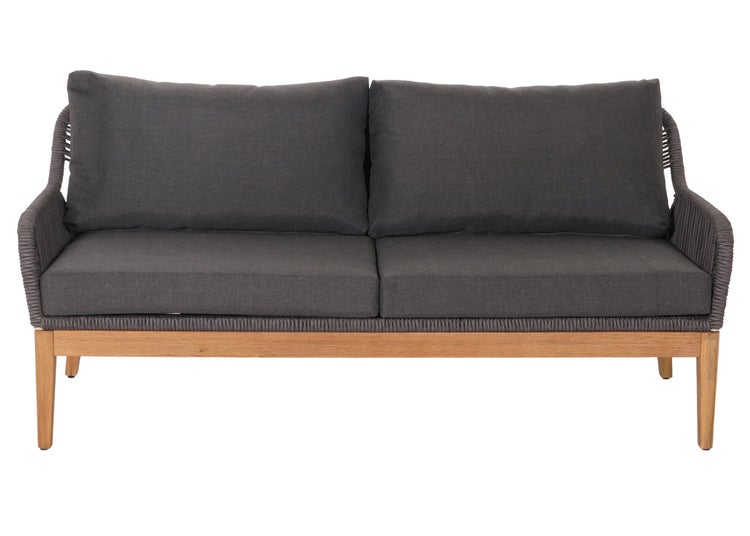2-Sitzer Gartensofa mit Holzgestell, Seilgeflecht und Stoffpolstern.