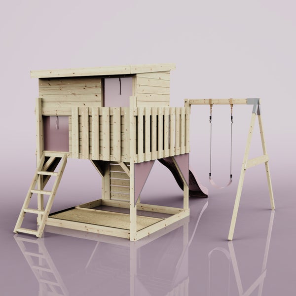 Spielturm aus Holz mit Spielhaus, Rutsche, Schaukel, Leiter und integriertem Sandkasten.