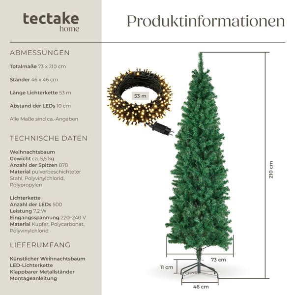 Produktinformationen zu künstlichem Weihnachtsbaum mit LED Lichterkette, klappbarem Metallständer und Montageanleitung. Maße: 73 x 210 cm