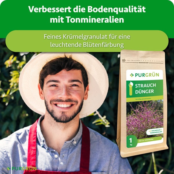 Ein lächelnder Gärtner mit Hut neben einem Beutel Purgrün Strauchdünger zur Bodenverbesserung mit Tonmineralien und Magnesium.