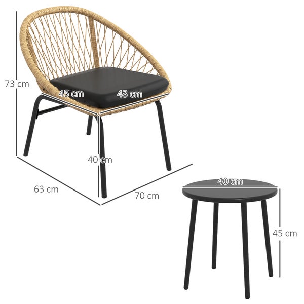 Outsunny 3-tlg. Rattan Gartenmöbel-Set, Balkonmöbel-Set mit Couchtisch, 2 Stühlen, Sitzgarnitur mit Kissen, Gartensitzgruppe für Balkon, Terrasse, Polyester, Gelb