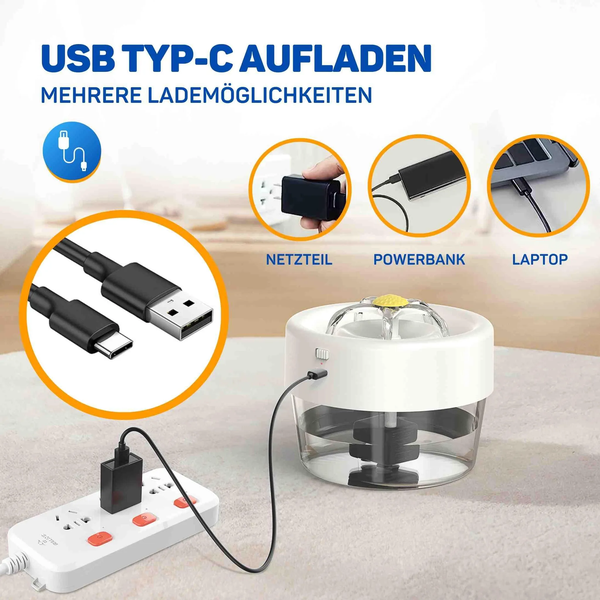 Trinkbrunnen für Haustiere mit USB Typ C Ladekabel und verschiedenen Anschlussmöglichkeiten wie Netzteil, Powerbank und Laptop.