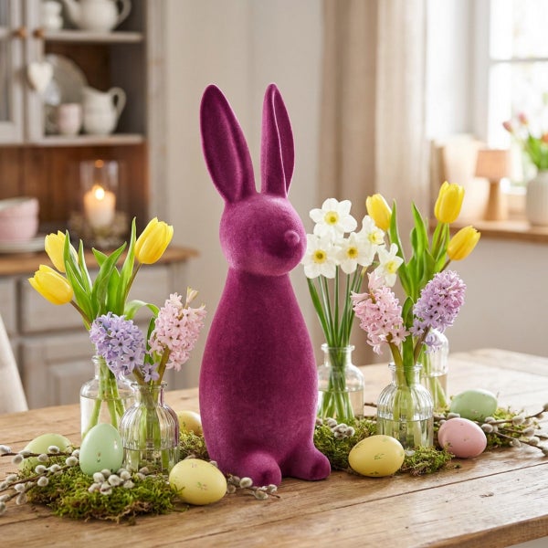 Osterdekoration mit einem beflockten Hasen, frischen Tulpen, Hyazinthen und Ostereiern auf einem Holztisch.