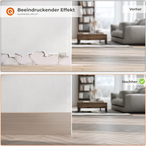 Vorher-Nachher-Vergleich einer Sockelleisten-Installation: Beschädigte Wand und Boden vor der Installation, glatte Wand und verlegter Boden nach der Installation.