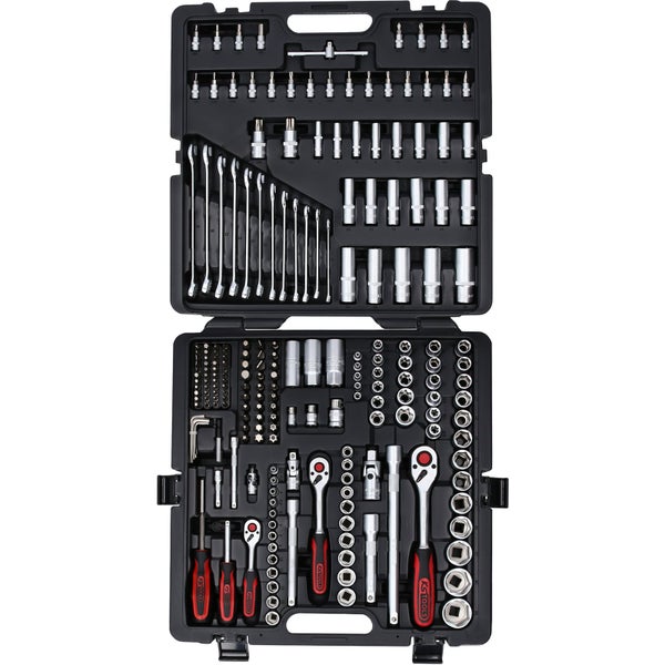 Werkzeugkoffer mit verschiedenen Werkzeugen wie Schraubenschlüssel, Schraubendreher und Steckschlüssel