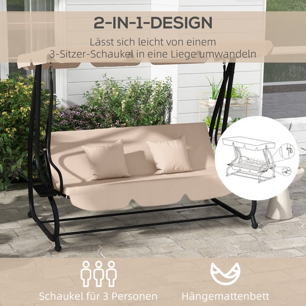 Outsunny 2 in 1 Hollywoodschaukel mit Liegefunktion 3-Sitzer Gartenschaukel mit Sonnendach, Getränkehalter Kissen Schaukelbank belast bis 340kg, Gartenliege für Garten, Terrasse, 200x120x164 cm, Braun
