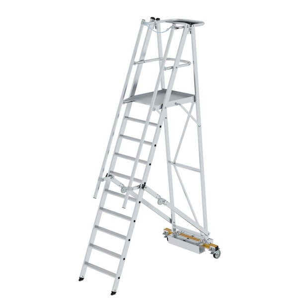 PROREGAL Plattformleiter Klappbar Mit Schmalem Fahrwerk 10 Stufen Inkl. Beidseitigem Handlauf Aluminium Nivello Leiterschuhe