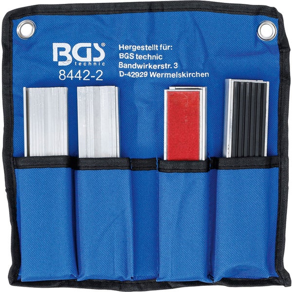 BGS technic Magnet-Schutzbacken-Satz für Schraubstöcke in blauer Textiltasche mit Backen aus Aluminium, Filz und Gummi.