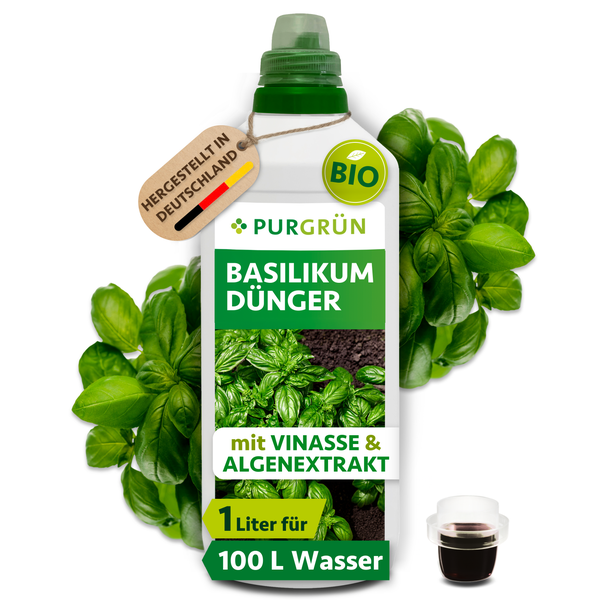 Purgrün Basilikum Dünger mit Vinasse und Algenextrakt, 1 Liter Flasche für 100 Liter Gießwasser, biologischer Flüssigdünger aus Deutschland.